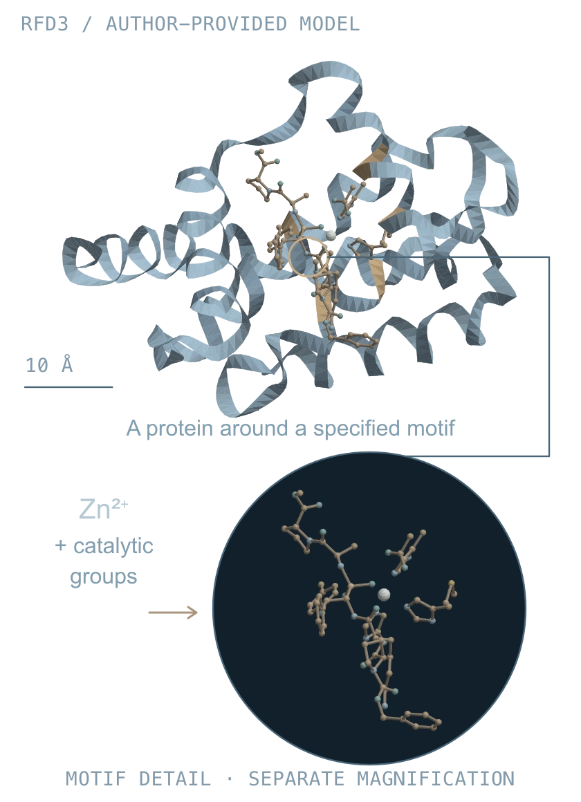 A ribbon through source RFdiffusion3 tutorial coordinates surrounds highlighted catalytic groups, zinc and a transition-state analog. The same atoms appear in a magnified motif view. This computed example is not an experimentally verified enzyme.